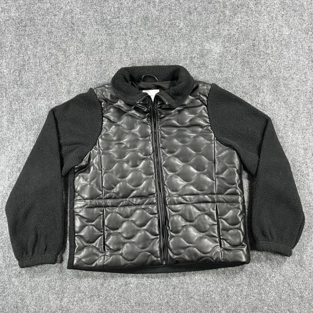 Jason Wu Jacket Womens Medium Black Faux Leather Fleece Quilted Puffer Zip‎
